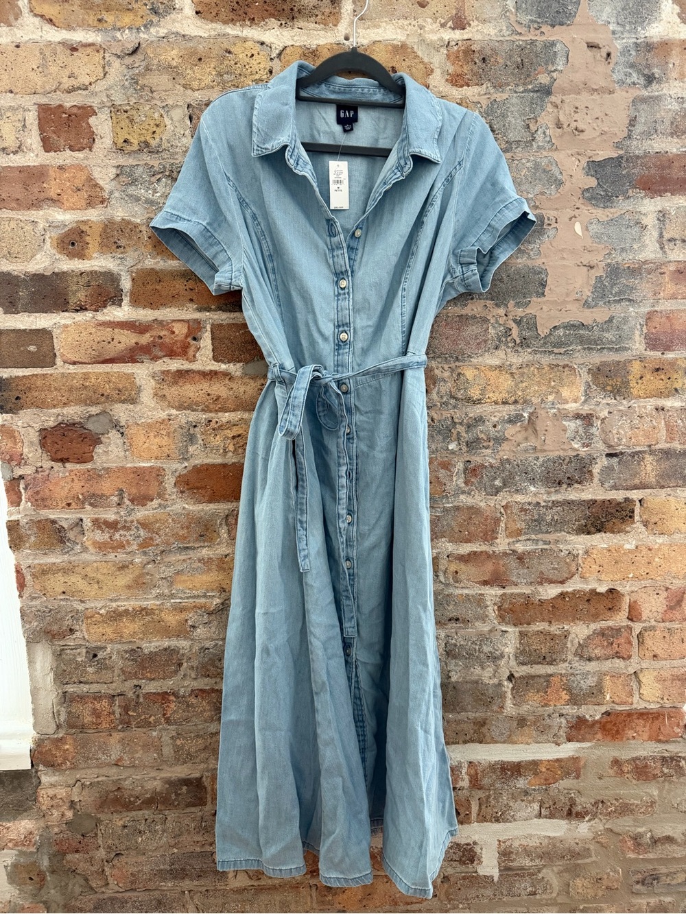 GAP Light Blue Denim Button-Front Maxi Dress with Tie Waist